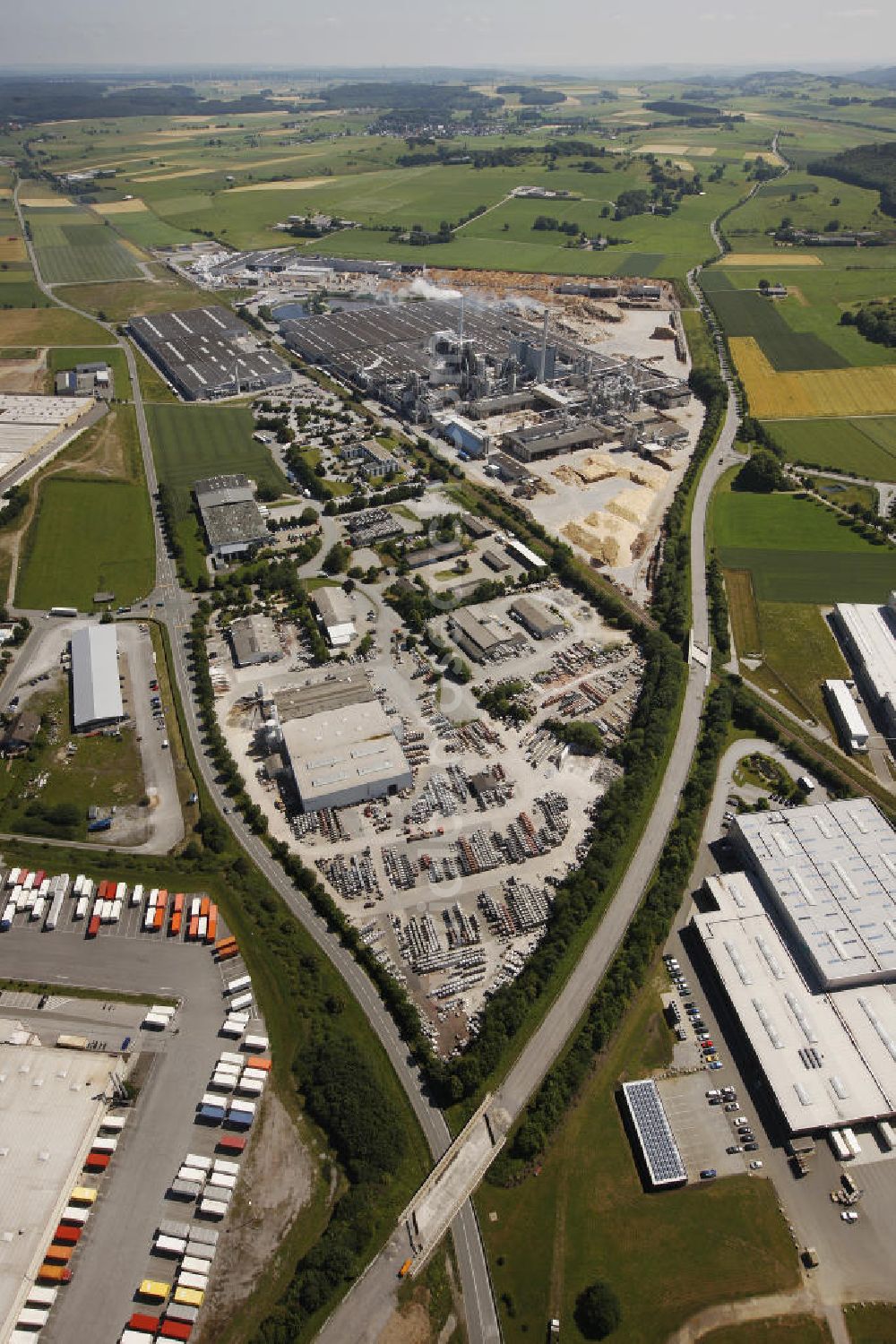 BRILON from above - The particleboard plant, sawmill and laminate plant of the Egger Group was established in 1990 and has its own power plant, which is fired with waste wood