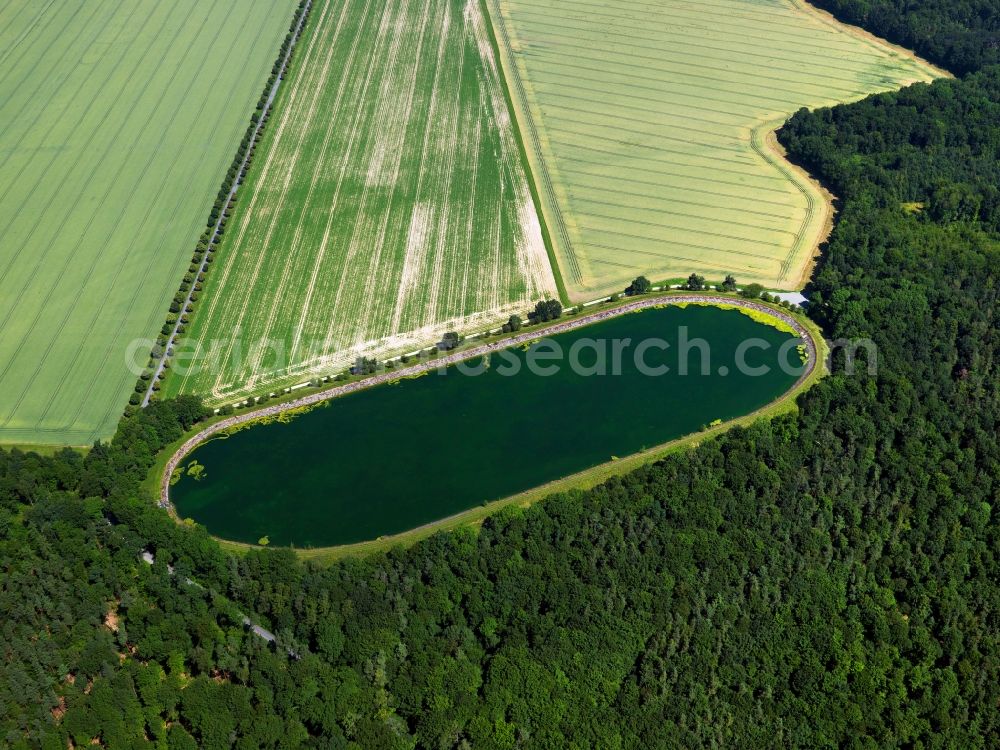 Tübingen from above - The water reservoir in the Pfrondorf part of the city of Tübingen in the state of Baden-Württemberg. The reservoir is located amidst fields on the edge of a wood in the North Eastern part of the town