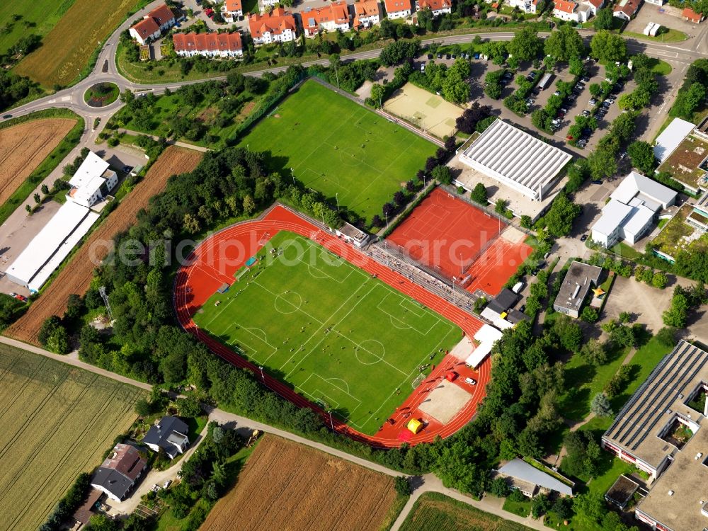 Marbach from above - The stadium Am Leiselstein in Marbach am Neckar in the state of Baden-Württemberg. The sporting grounds are mainly used by the local football and athletics club. They consist of a classical athletics stadium, football pitches and a tennis court