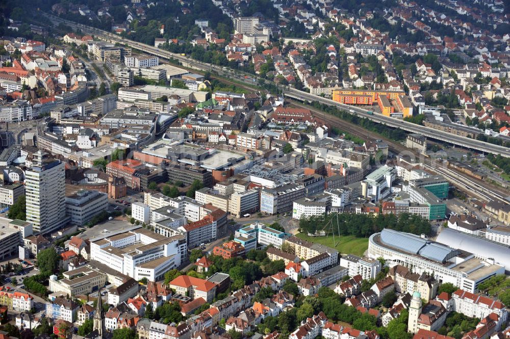 Bielefeld from above - View of the city center of Bielefeld with the telecommunications tower, the new Bielefeld mrket, the car park, and the town hall with its expansion