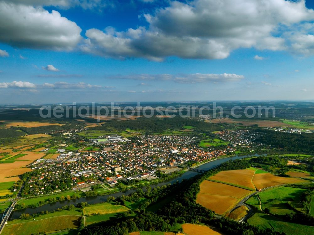 Aerial photograph Marktheidenfeld - The town centre of Marktheidenfeld and the river Main in the state of Bavaria. The town is located on the river which is spanned by two bridges. The town is located on the Main rectangle area, on the eastside of the Spessart mountains. View from the West across the river