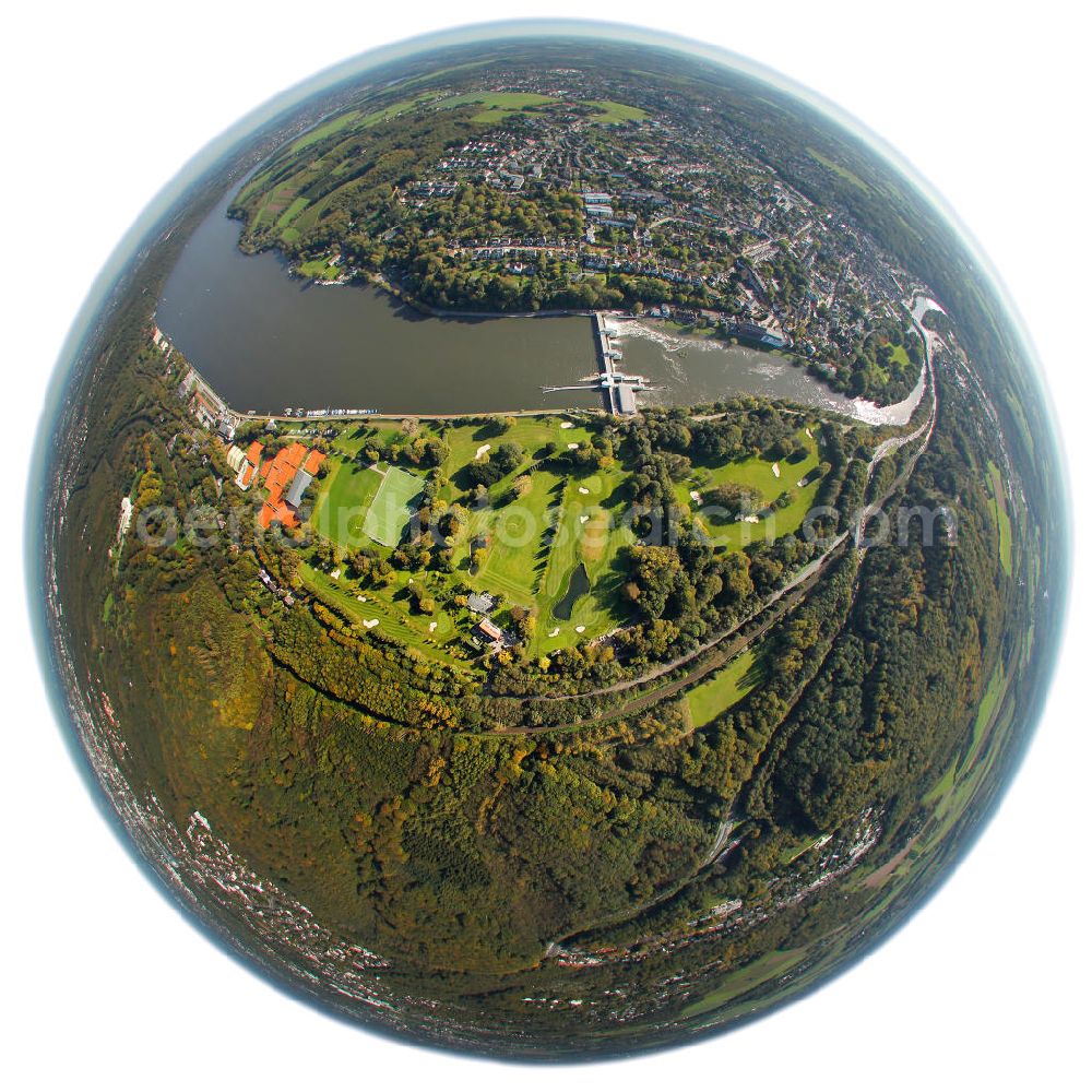 Aerial image Essen - Fisheye motive of the Baldeney Lake Weir in Essen, North Rhine-Westphalia. The weir is operated by the water policy company Ruhrverbund