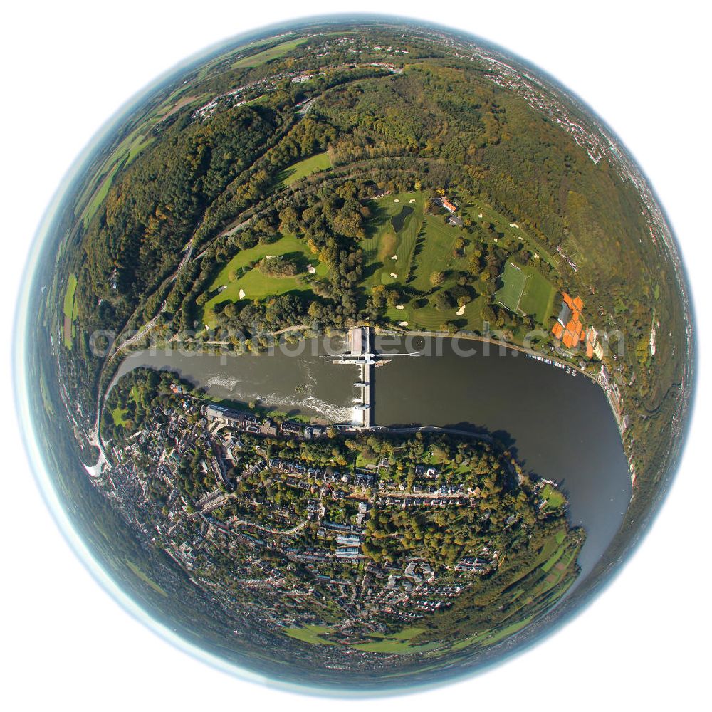 Aerial photograph Essen - Fisheye motive of the Baldeney Lake Weir in Essen, North Rhine-Westphalia. The weir is operated by the water policy company Ruhrverbund