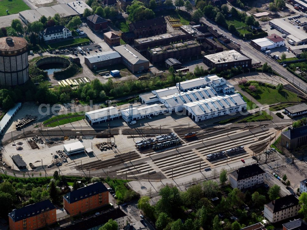 Aerial photograph Zwickau - The cable car and tram depot in the city of Zwickau in the state of Saxony. The compound on Schlachthofstraße has been in use since 1928. Today, there are 4 tram lines running in the city, that are facilitated by the compound