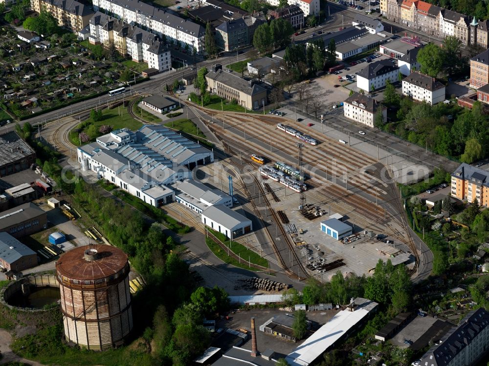 Zwickau from above - The cable car and tram depot in the city of Zwickau in the state of Saxony. The compound on Schlachthofstraße has been in use since 1928. Today, there are 4 tram lines running in the city, that are facilitated by the compound