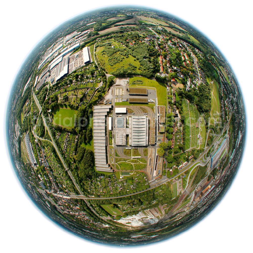 Bochum from the bird's eye view: Fisheye motive of the tram depot Engelsburg in Bochum. The depot was built on the former site of the mining pit plant Engelsburg and is operated by the Bochum-Gelsenkirchener Straßenbahn AG