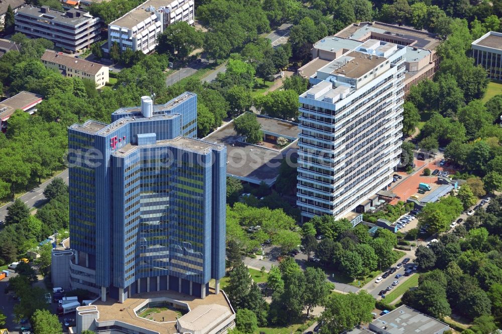 Aerial image Dortmund - The Telekom Tower at the Rheinlanddamm in Dortmund in the state of Nordrhein-Westphalia. The office complex at the Westphalia Park was the tallest building in Dortmund until 2006. Originally built for the directorate of mail services, it is now headquarters for RWE distribution network provider Westnetz