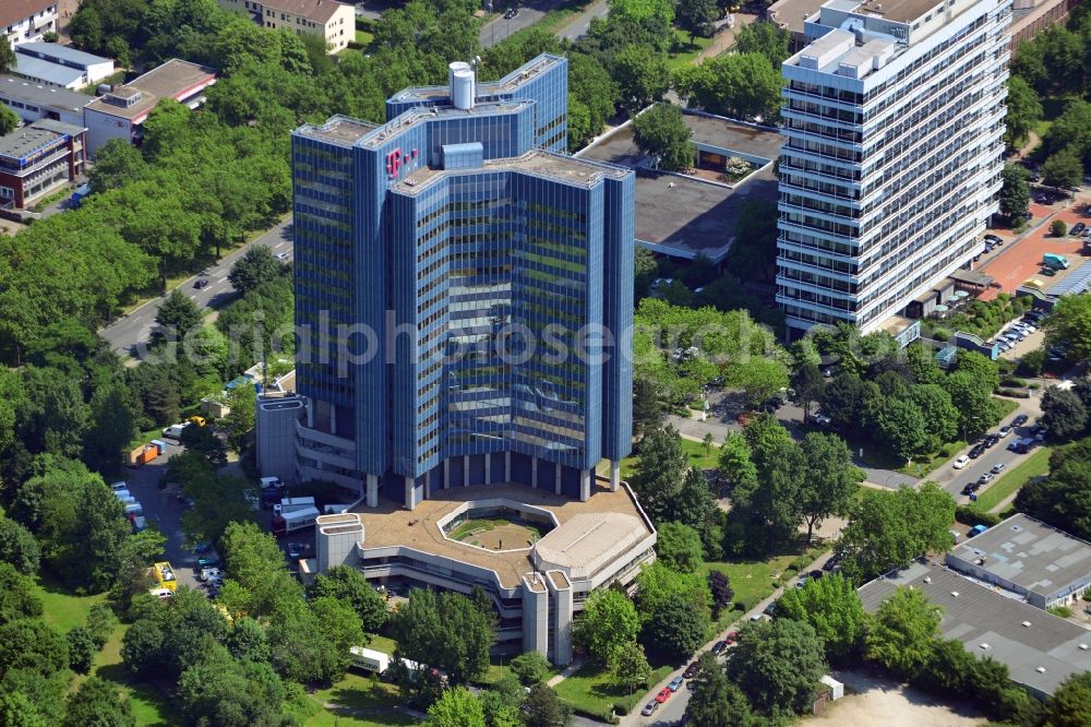 Aerial photograph Dortmund - The Telekom Tower at the Rheinlanddamm in Dortmund in the state of Nordrhein-Westphalia. The office complex at the Westphalia Park was the tallest building in Dortmund until 2006. Originally built for the directorate of mail services, it is now headquarters for RWE distribution network provider Westnetz