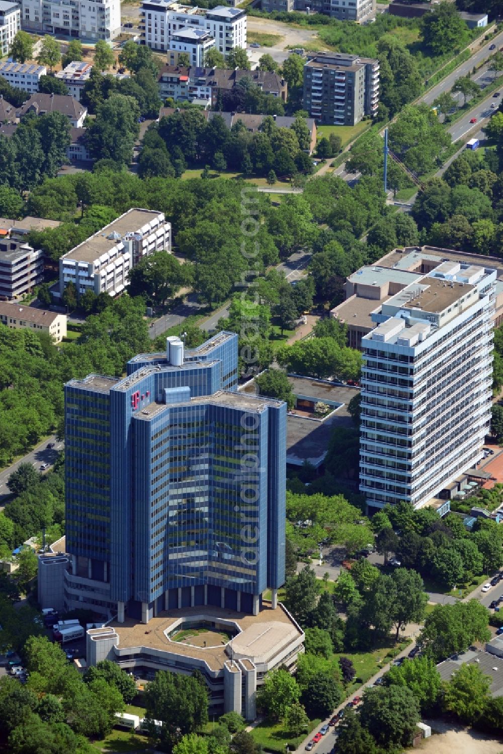 Dortmund from above - The Telekom Tower at the Rheinlanddamm in Dortmund in the state of Nordrhein-Westphalia. The office complex at the Westphalia Park was the tallest building in Dortmund until 2006. Originally built for the directorate of mail services, it is now headquarters for RWE distribution network provider Westnetz