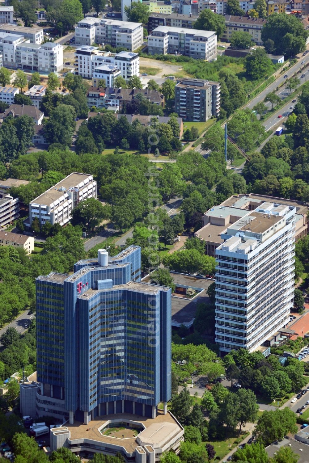 Dortmund from the bird's eye view: The Telekom Tower at the Rheinlanddamm in Dortmund in the state of Nordrhein-Westphalia. The office complex at the Westphalia Park was the tallest building in Dortmund until 2006. Originally built for the directorate of mail services, it is now headquarters for RWE distribution network provider Westnetz
