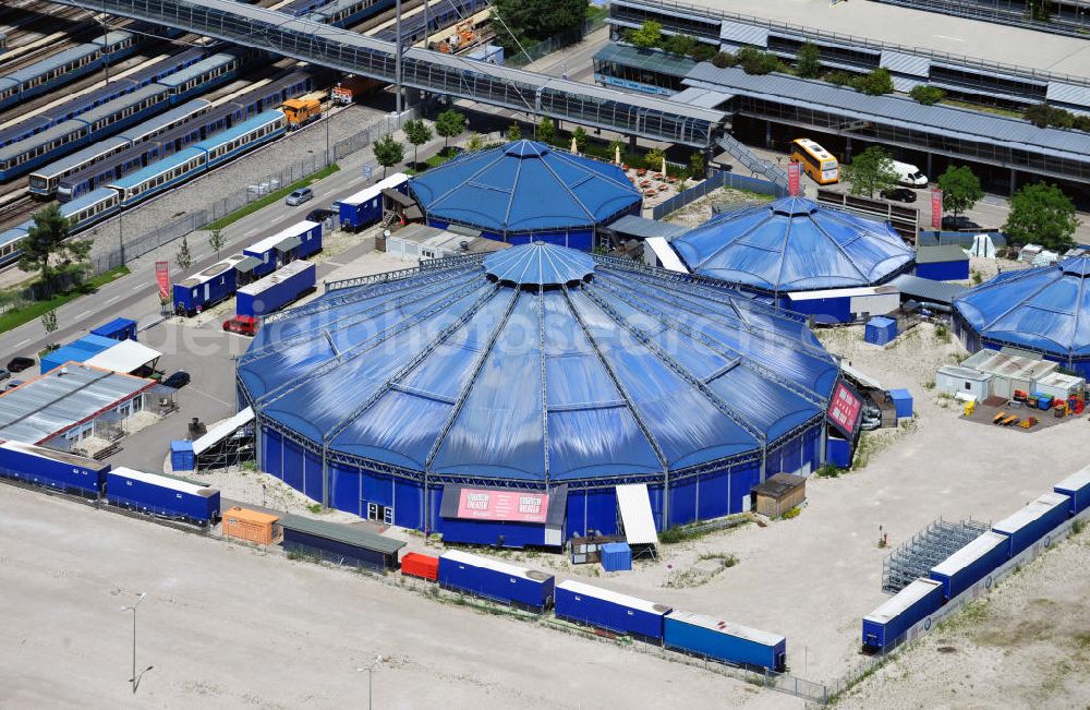 München from above - View of the theater tent in the Fröttmanning district in Munich. It is operated by the German Theater and remains at that location until the reconstruction of the actual theater is completed in 2013