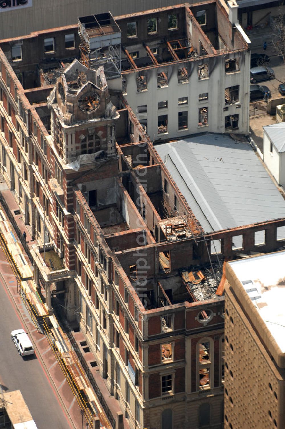 Aerial image JOHANNESBURG - The abandoned building of the Rissik Street Post Office in downtown Johannesburg has been empty since 1996 when the post office has moved out. Since then, it was damaged mostly by vandalism. The city strives for a reconstruction