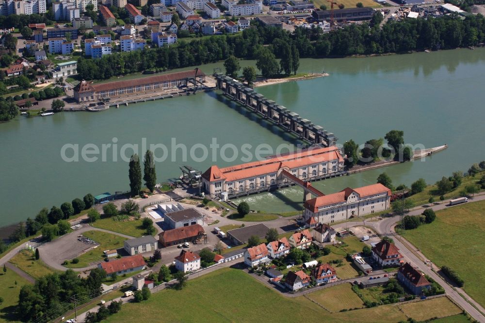 Aerial image Grenzach-Wyhlen - Structure, buildings and dams of the hydroelectric power plant Augst - Wyhlen at the Upper Rhine in Grenzach-Wyhlen in the state Baden-Wurttemberg, Germany