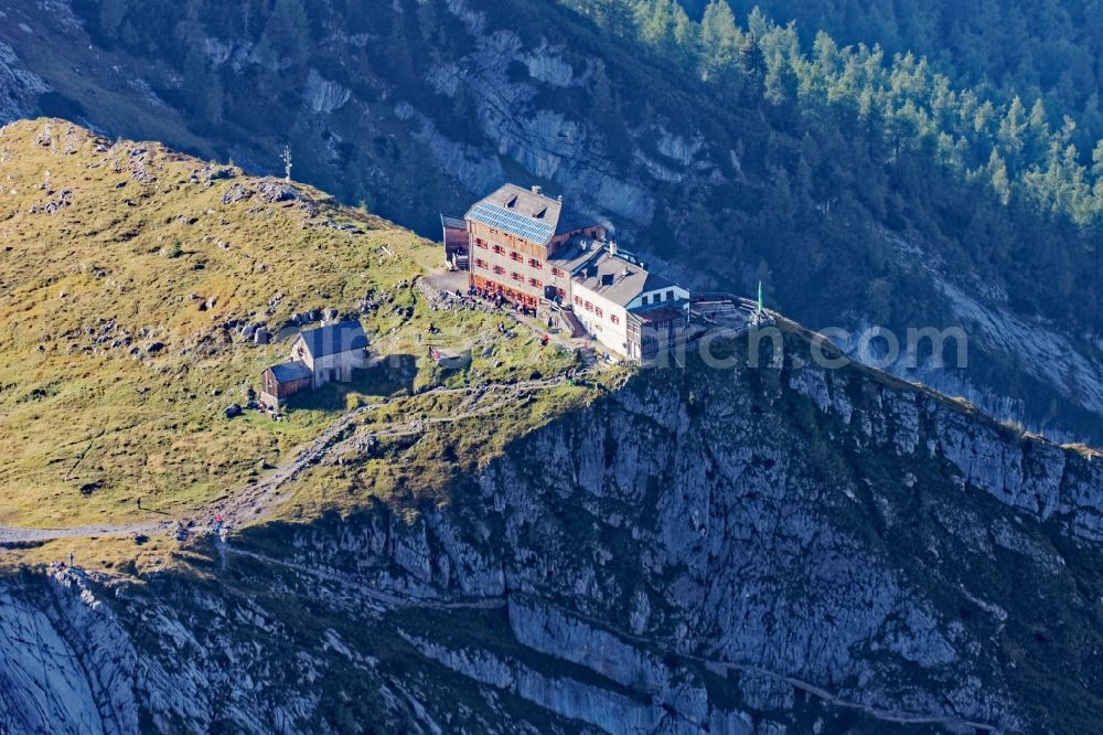 Ramsau bei Berchtesgaden from above - The Watzmannhaus on the Falzkoepfl above Ramsau near Berchtesgaden in the state of Bavaria. The Alpenvereinshuette of the German Alpine Club is located in the rock and mountain landscape of the national park Berchtesgaden and is an important base for Watzmann for day and overnight guests