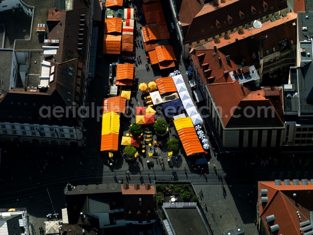 Aerial image Würzburg - The Weindorf - wine village - on the market place of Würzburg in the Franken region of the state of Bavaria. The Weindorf takes place annually in May in the city centre. It is located on the market square and the smaller side alleys, enclosed by historical buildings and consists of the tents and stands of local winemakers