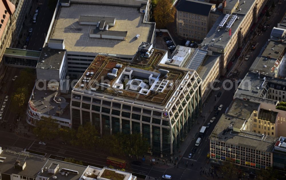 Aerial photograph Berlin - View of the Weltstadthaus , location of the fashion company Peek & Cloppenburg at Tauentzienstrasse in Berlin - Schoneberg. The building with its artfully shaped glass facade was designed by the architect Gottfried Boehm and inaugurated in 1995