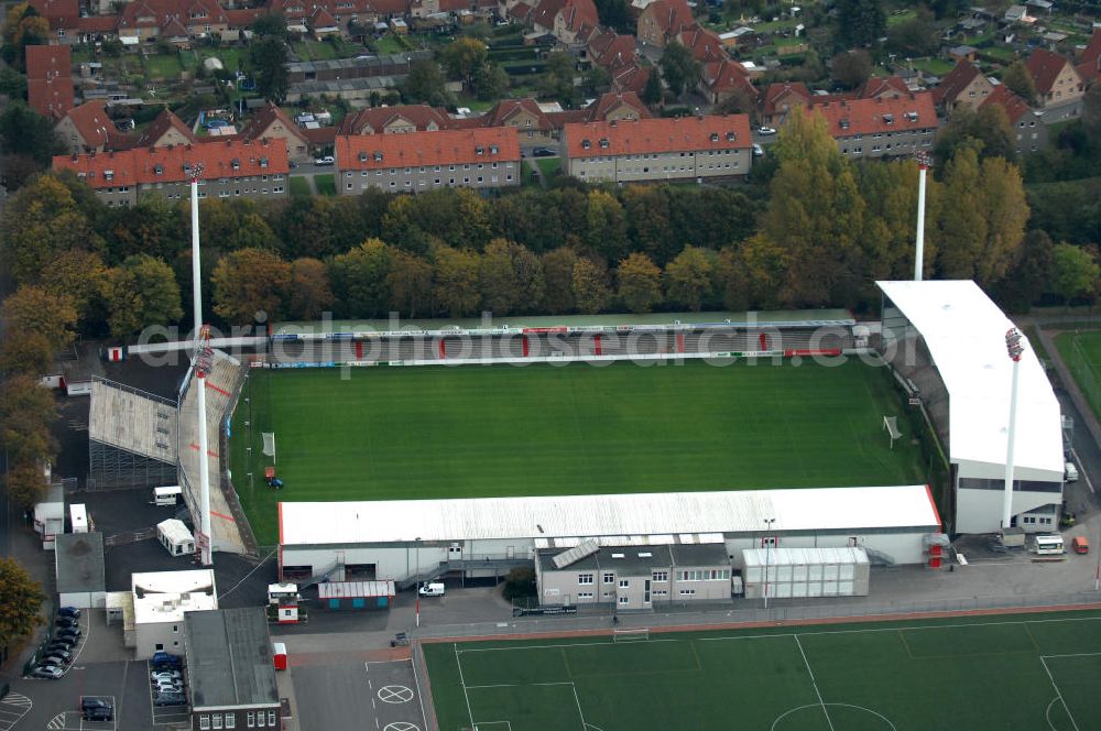 Aerial photograph Ahlen - Blick auf das Wersestadion. Das reihne Fußballstaion wurde 1997 erbaut und ist die Spielstätte des Fußballvereins Rot-Weiß Ahlen. Es fast ca. 10.500 Zuschauer. Kontakt: ROT WEISS AHLEN e.V., August-Kirchner-Straße 14, 59229 Ahlen, Tel. 02382 / 96 88 90 11,