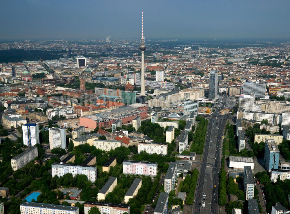 Berlin from the bird's eye view: View of the western end of the Karl-Marx-Allee and Alexan der square with the red town hall and the television tower in the Mitte district