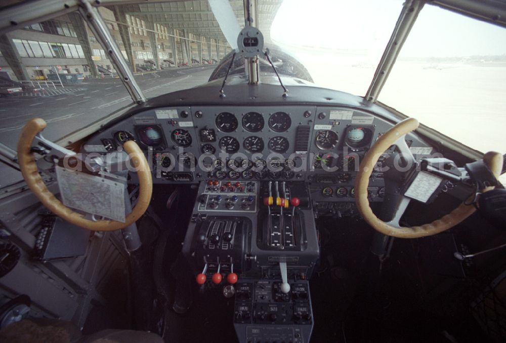 Aerial photograph Berlin-Tempelhof - Cockpit des Traditionsflugzeuges der Lufthansa, die „Tante Ju“ (offiziell „Junkers 52“) mit dem Namen „Berlin-Tempelhof“,. Das wohl berühmteste Flugzeug Deutschlands feiert seinen 75. Geburtstag. Am 06.04.1936 lief die D-AQUI traditionelles Oldtimer-Luftfahrtkennzeichen) in den Dessauer Junkers-Werken vom Band.