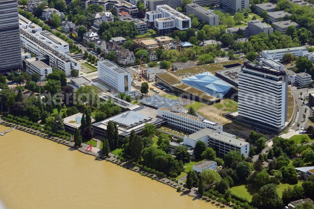 Bonn from above - The World Conference Center Bonn in the federal district of Bonn in the state of North Rhine-Westphalia. The conference center lies in the federal district of Bonn and includes the former plenary halls as well as parts of the Bundeshaus which was the site of plenary sessions of the German Bundestag between 1949 and 1999