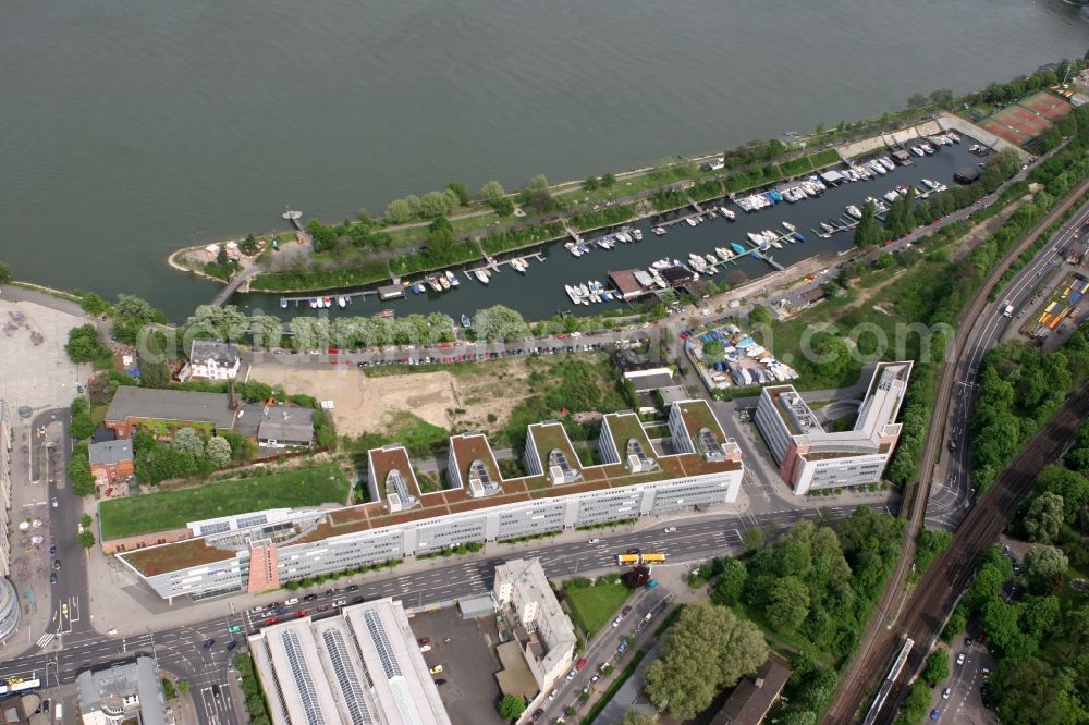 Mainz from above - Buildings of the Deutsche Bahn Schenker GmbH on the shore of the Rhine in Mainz in Rhineland-Palatinate