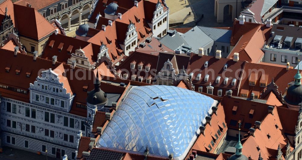 Dresden from above - Roofs and gables ensemble at the Dresden palace in the center of the old town of Dresden in Saxony