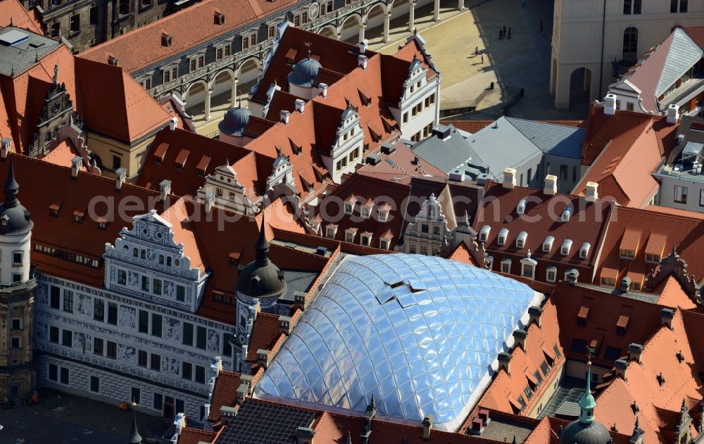 Dresden from the bird's eye view: Roofs and gables ensemble at the Dresden palace in the center of the old town of Dresden in Saxony