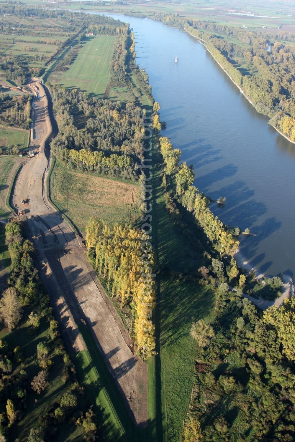 Aerial image Dienheim - Diking measures at Dienheim in the state of Rhineland-Palatinate. In the section of the left bank of the Rhine near Dienheim the levees are upgraded to protect against flood and partially rebuilt by the Structural and Approval Directorate south