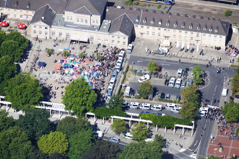 Göttingen from above - Demonstration of NPD on the station square in Goettingen in the state Lower Saxony