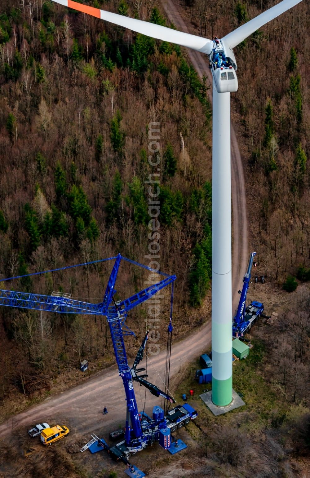 Aerial photograph Ettenheimmünster - Wind turbine windmills (WEA) in a forest area in Ettenheimmuenster in the state Baden-Wurttemberg, Germany