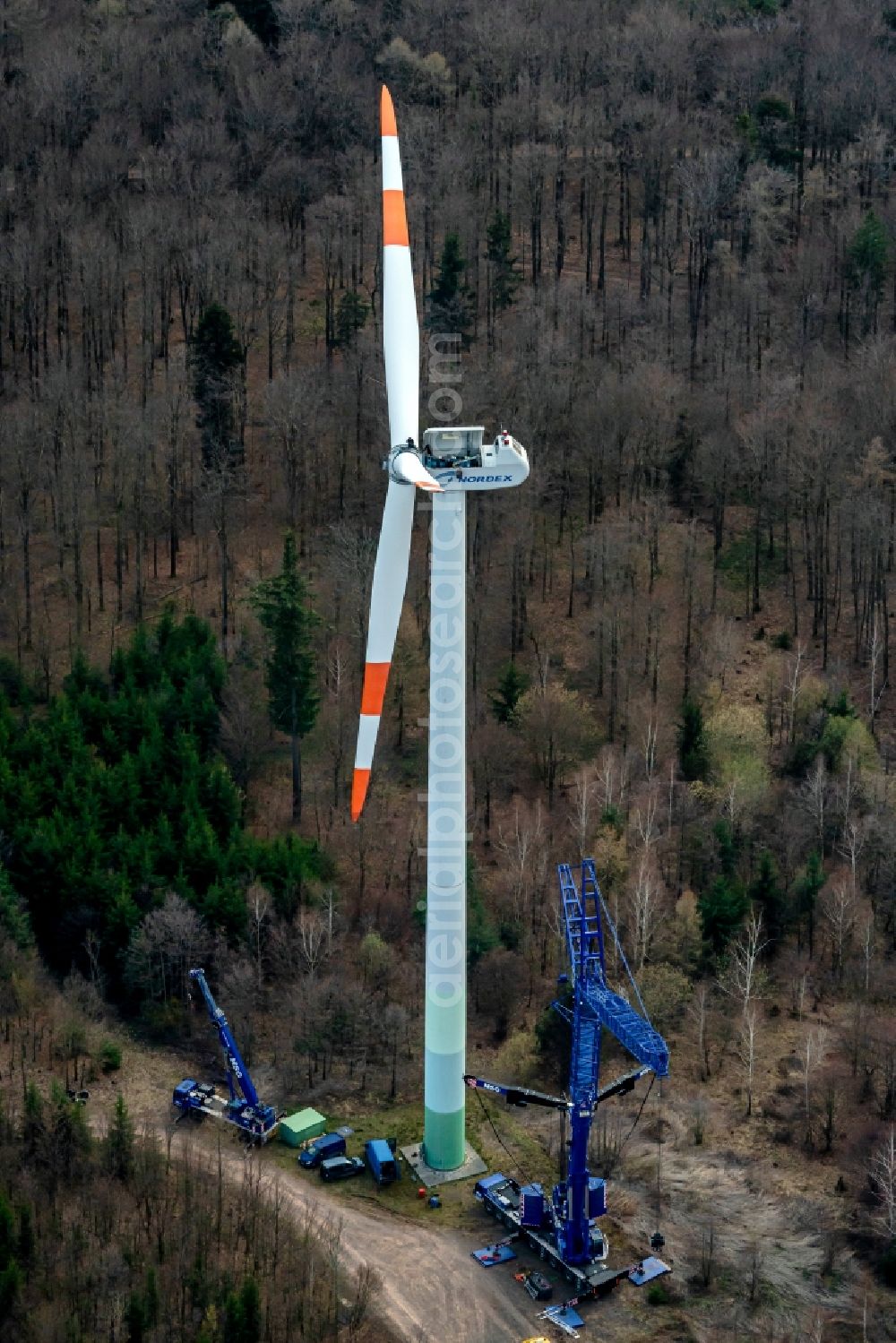 Aerial image Ettenheimmünster - Wind turbine windmills (WEA) in a forest area in Ettenheimmuenster in the state Baden-Wurttemberg, Germany