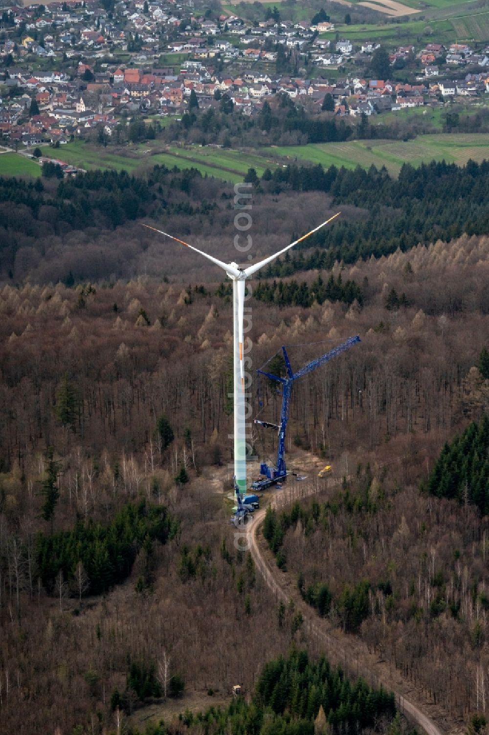 Ettenheimmünster from above - Wind turbine windmills (WEA) in a forest area in Ettenheimmuenster in the state Baden-Wurttemberg, Germany