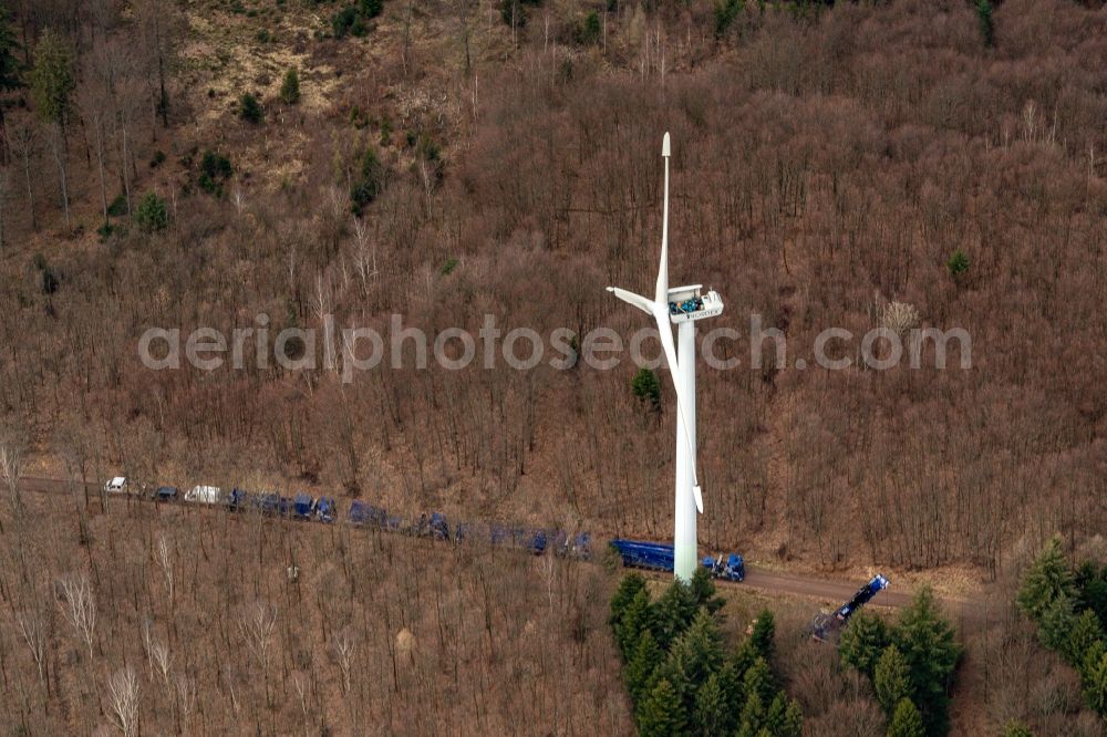 Aerial image Ettenheimmünster - Wind turbine windmills (WEA) in a forest area in Ettenheimmuenster in the state Baden-Wurttemberg, Germany