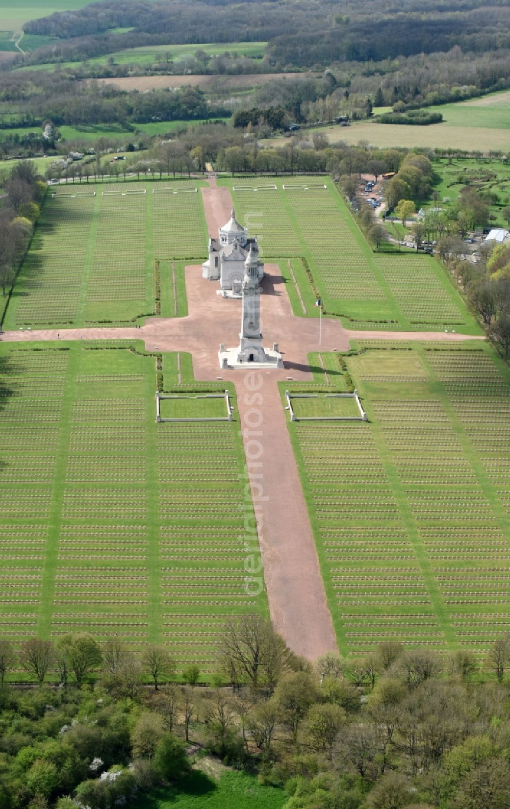 Aerial image Ablain-Saint-Nazaire - Memorial and basilica church on the premises of the cemetery Notre Dame de Lorette in Ablain-Saint-Nazaire in Nord-Pas-de-Calais Picardy, France. The cemetery is the world's largest French military cemetery