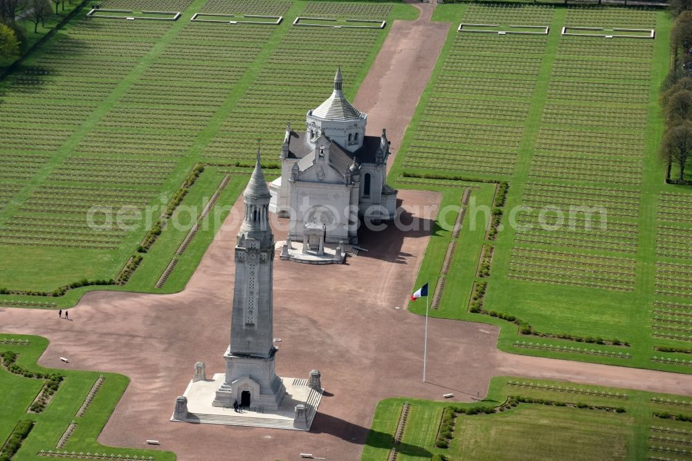 Ablain-Saint-Nazaire from above - Memorial and basilica church on the premises of the cemetery Notre Dame de Lorette in Ablain-Saint-Nazaire in Nord-Pas-de-Calais Picardy, France. The cemetery is the world's largest French military cemetery