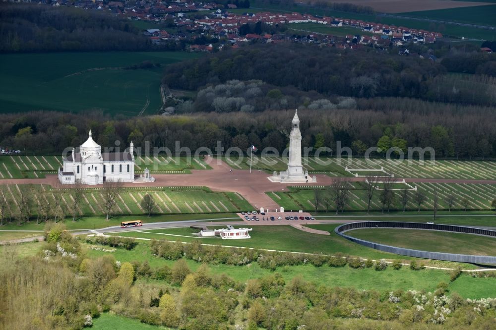 Ablain-Saint-Nazaire from the bird's eye view: Memorial and basilica church on the premises of the cemetery Notre Dame de Lorette in Ablain-Saint-Nazaire in Nord-Pas-de-Calais Picardy, France. The cemetery is the world's largest French military cemetery