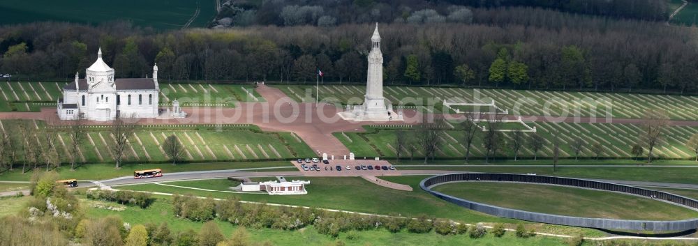 Aerial image Ablain-Saint-Nazaire - Memorial and basilica church on the premises of the cemetery Notre Dame de Lorette in Ablain-Saint-Nazaire in Nord-Pas-de-Calais Picardy, France. The cemetery is the world's largest French military cemetery