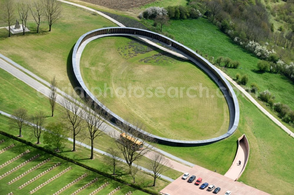 Ablain-Saint-Nazaire from the bird's eye view: Memorial Ring of Remembrance on the premises of the cemetery Notre Dame de Lorette in Ablain-Saint-Nazaire in Nord-Pas-de-Calais Picardy, France. The cemetery is the world's largest French military cemetery