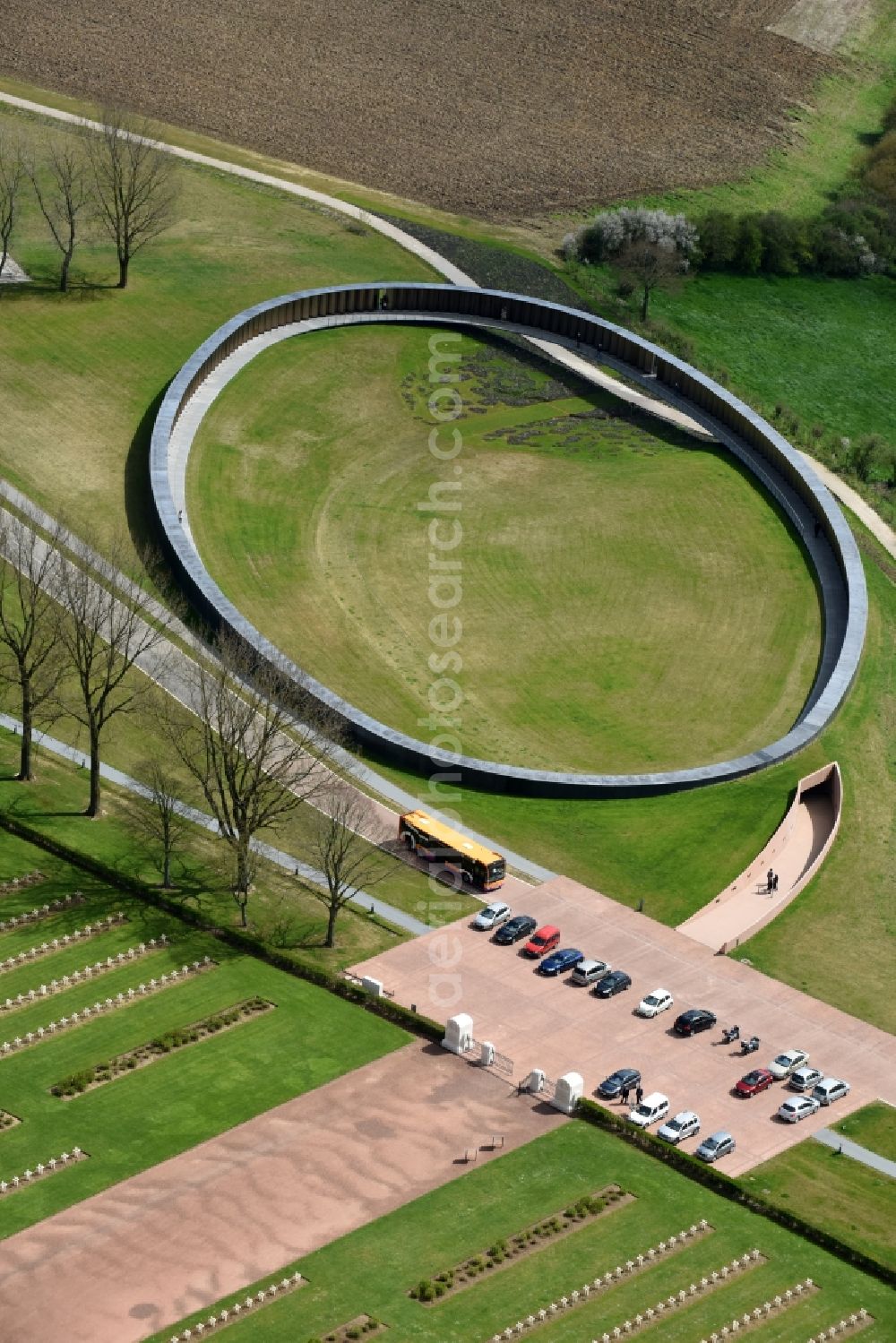 Aerial image Ablain-Saint-Nazaire - Memorial Ring of Remembrance on the premises of the cemetery Notre Dame de Lorette in Ablain-Saint-Nazaire in Nord-Pas-de-Calais Picardy, France. The cemetery is the world's largest French military cemetery