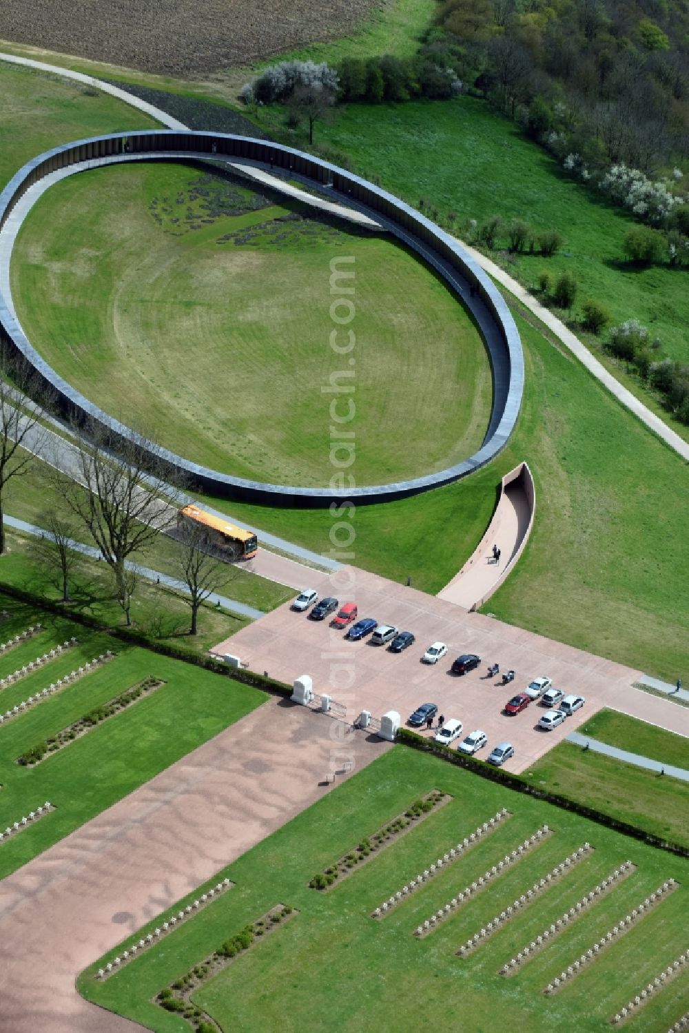 Ablain-Saint-Nazaire from above - Memorial Ring of Remembrance on the premises of the cemetery Notre Dame de Lorette in Ablain-Saint-Nazaire in Nord-Pas-de-Calais Picardy, France. The cemetery is the world's largest French military cemetery