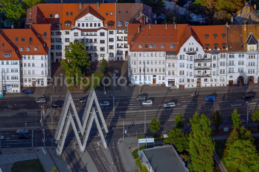 Aerial photograph Leipzig - Monument Leipziger Messe at the entrance to the Alte Messe in the district Zentrum-Suedost in Leipzig in the state Saxony, Germany