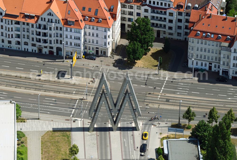 Leipzig from above - Monument Leipziger Messe at the entrance to the Alte Messe in the district Zentrum-Suedost in Leipzig in the state Saxony, Germany