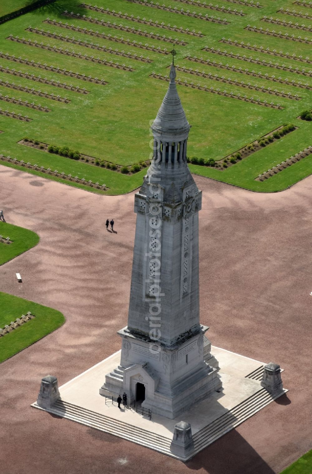 Ablain-Saint-Nazaire from above - Memorial Tower on the premises of the cemetery Notre Dame de Lorette in Ablain-Saint-Nazaire in Nord-Pas-de-Calais Picardy, France. The cemetery is the world's largest French military cemetery