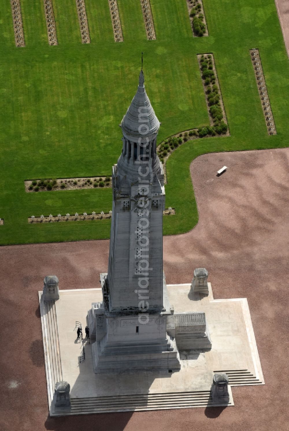 Aerial image Ablain-Saint-Nazaire - Memorial Tower on the premises of the cemetery Notre Dame de Lorette in Ablain-Saint-Nazaire in Nord-Pas-de-Calais Picardy, France. The cemetery is the world's largest French military cemetery