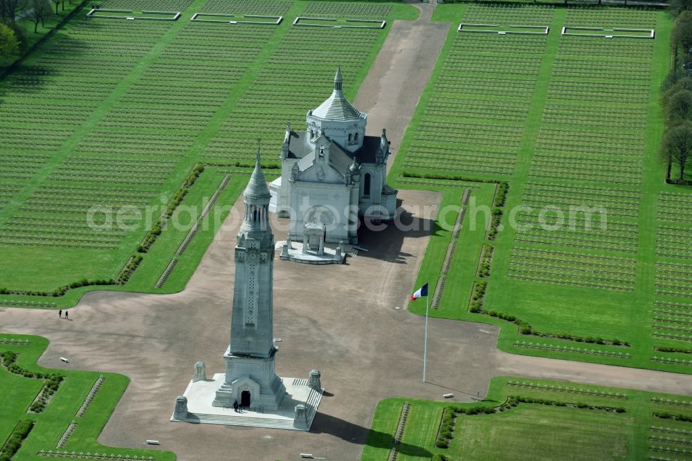 Ablain-Saint-Nazaire from above - Memorial Tower on the premises of the cemetery Notre Dame de Lorette in Ablain-Saint-Nazaire in Nord-Pas-de-Calais Picardy, France. The cemetery is the world's largest French military cemetery