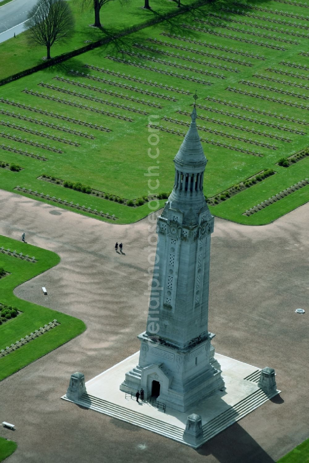 Aerial image Ablain-Saint-Nazaire - Memorial Tower on the premises of the cemetery Notre Dame de Lorette in Ablain-Saint-Nazaire in Nord-Pas-de-Calais Picardy, France. The cemetery is the world's largest French military cemetery