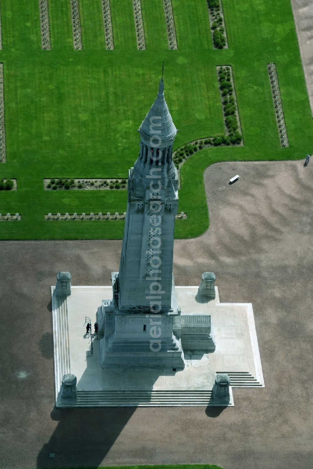 Ablain-Saint-Nazaire from above - Memorial Tower on the premises of the cemetery Notre Dame de Lorette in Ablain-Saint-Nazaire in Nord-Pas-de-Calais Picardy, France. The cemetery is the world's largest French military cemetery