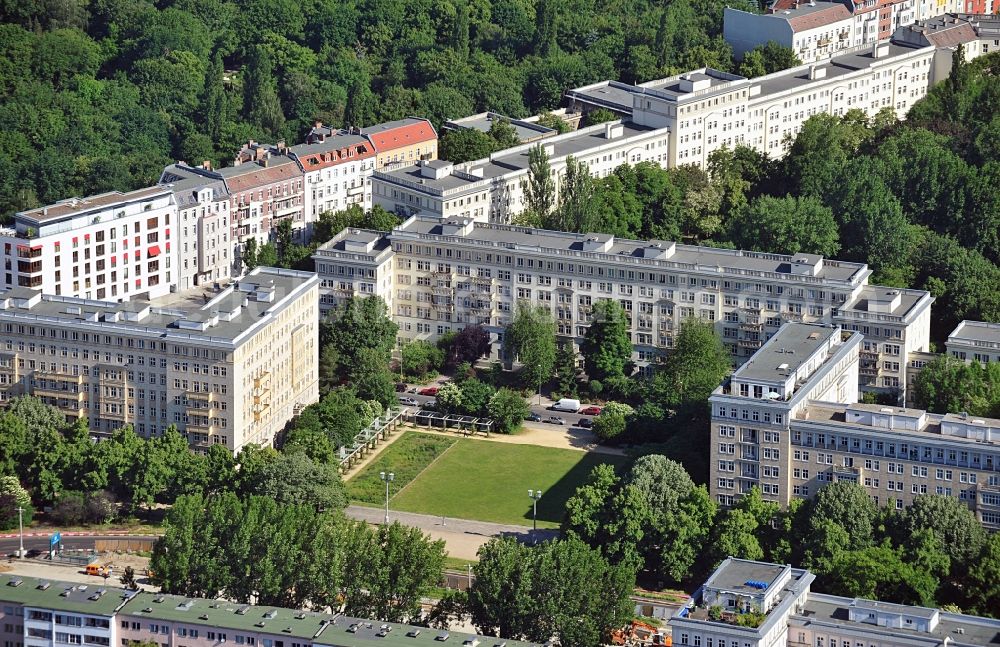 Berlin Friedrichshain from the bird's eye view: View of the listed ensemble Karl - Marx - Allee in Berlin / Friedrichshain