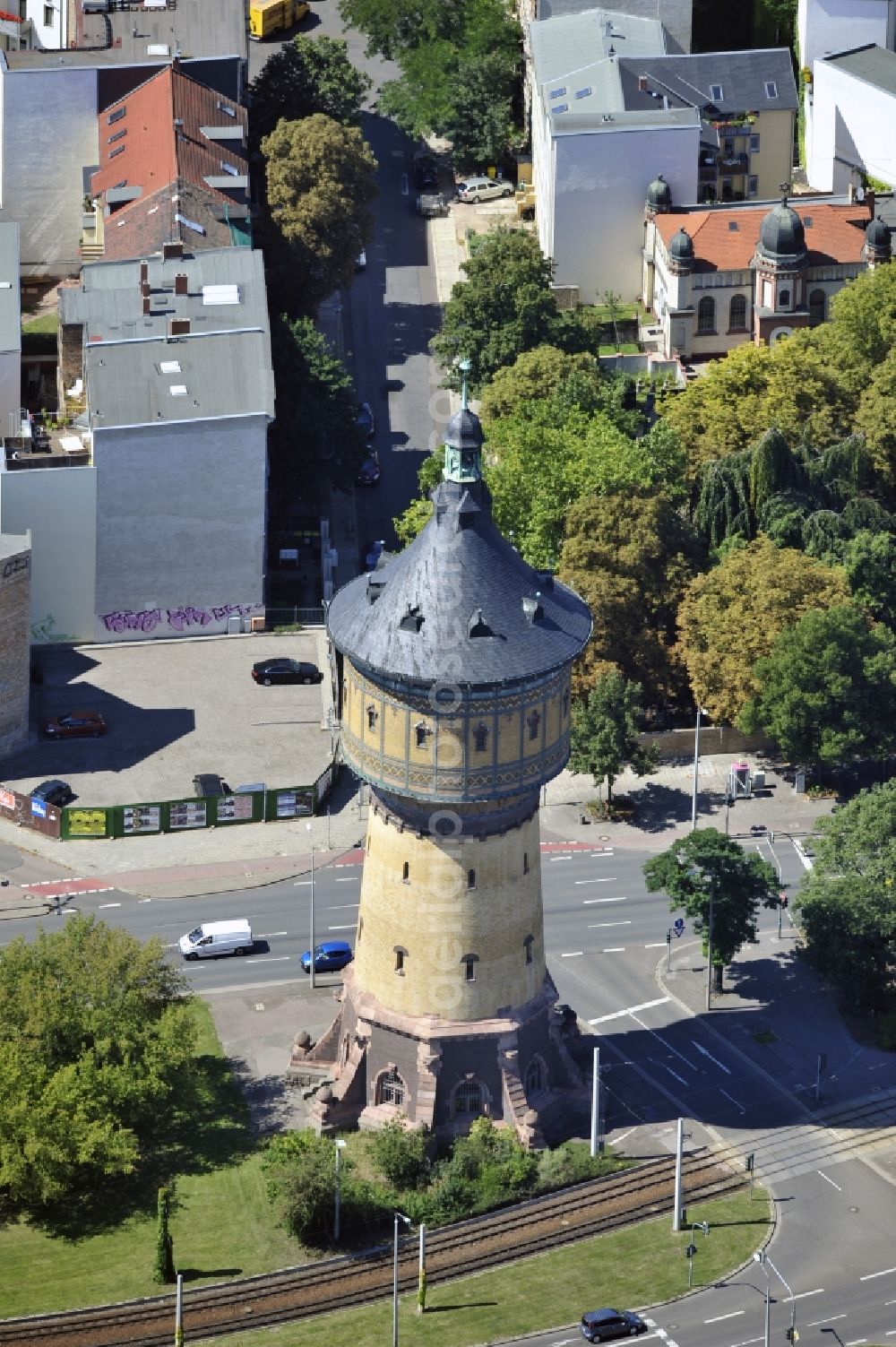 Aerial image Halle - View of the listed water tower north in Halle im Sachsen-Anhalt