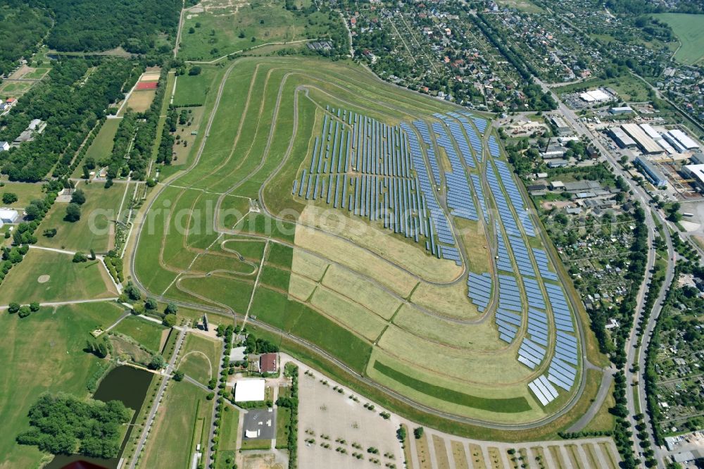 Magdeburg from above - View of the solar park in Magdeburg in Saxony-Anhalt. Under the direction of the WSB group, there was built the solar park on the former domestic waste landfill Cracauer Anger